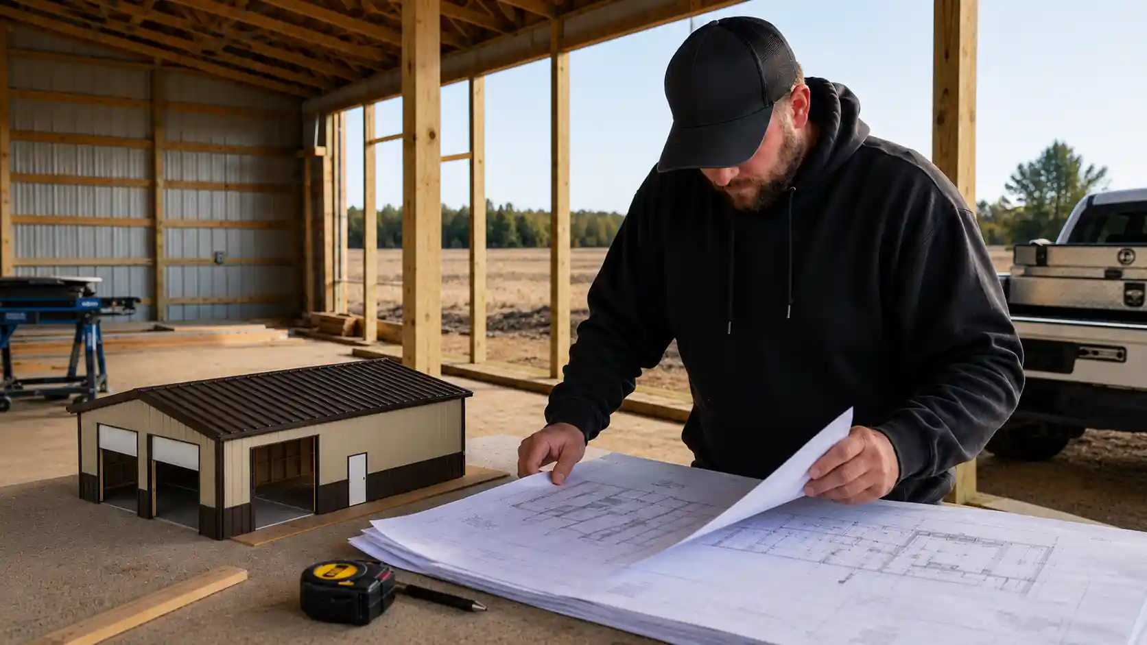 Builder reviews structural plans beside a post-frame building under construction.